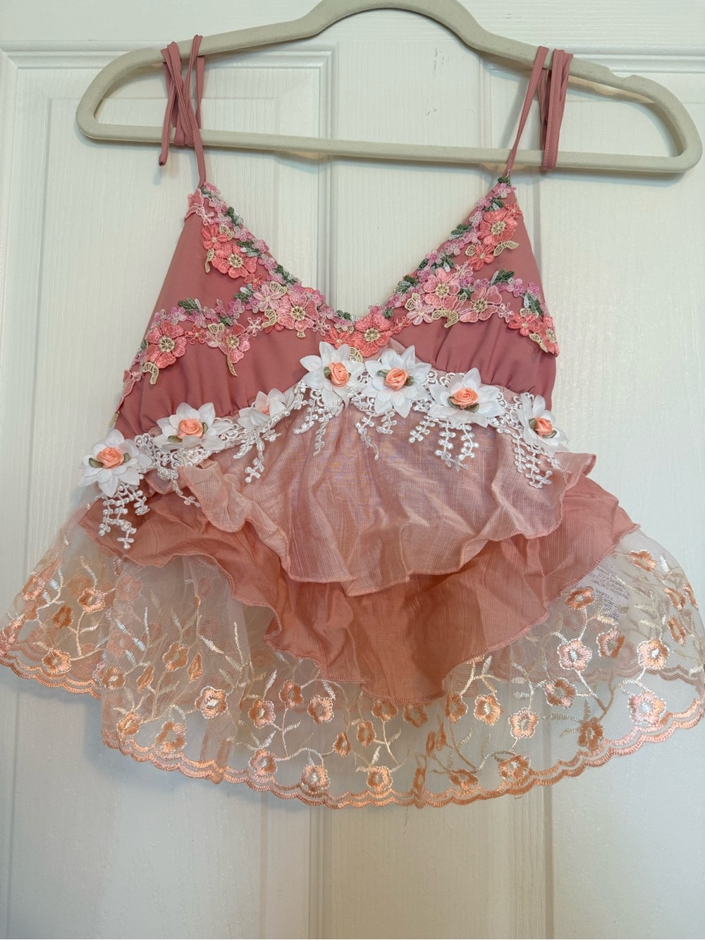 Floral Embroidered Pink Ruffle Camisole